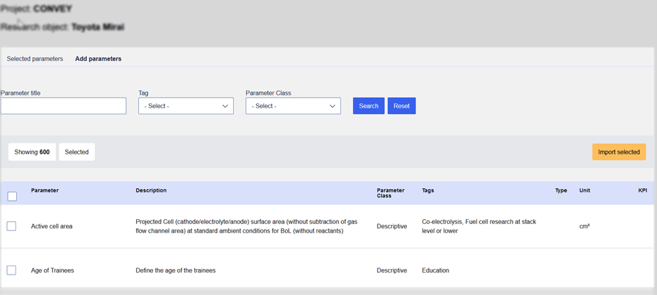 Manage parameters - Add tab