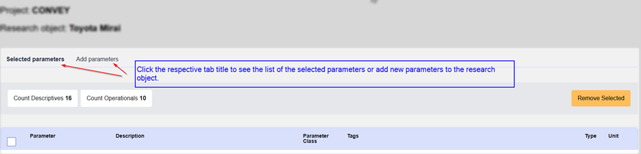 Manage parameters page