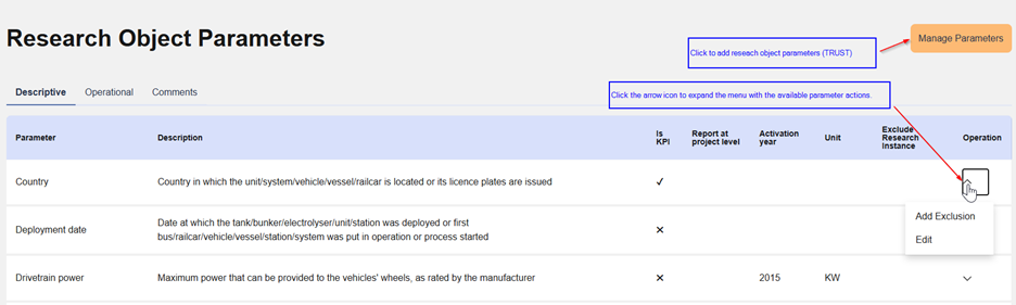 Research object parameters settings page